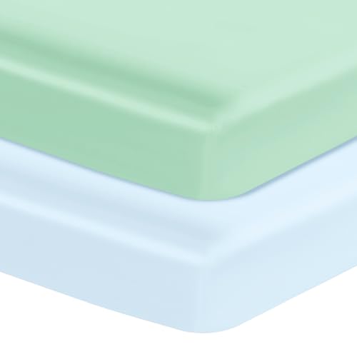 Image of Entisn 28x52 Satin Fitted Crib Sheet 2 Pack, Mint Green and Baby Blue | 8-Inch Deep Pocket Snug Fit, Silky Satin Protects Hair And Skin, No-Slip Reinforced Edges, Machine Washable Fade-Resistant