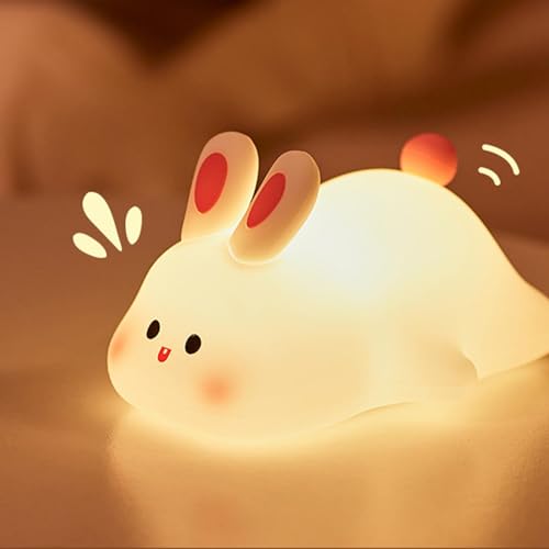 Tactile Lapin, Veilleuse Lapin Silicone, Big Face Rabbit Night Light, LED Rechargeable Avec Fonction Minuterie Lampe Tactile En Silicone Pour Enfant,...