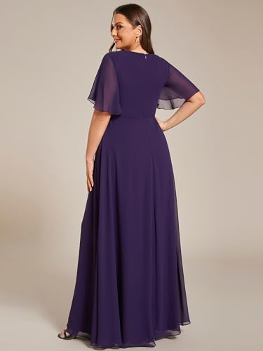 Image of Ever-Pretty Short Sleeves V Neck Plus Size Formal Dresses for Curvy Women Chiffon Mother of The Bride Dress Evening Gowns