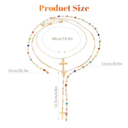 Image of SANNIDHI 3Pcs Necklace for Woman Gold Metal Cross Pendant Necklaces Layered Multi-colored Rhinestone Chain Stack Necklace Set for Women Stylish