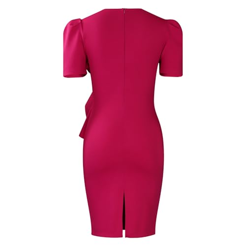 Image of Women Short Sleeve Office Pencil Dress Wedding Guest Church Floral Semi Formal Business Bodycon Midi Dresses