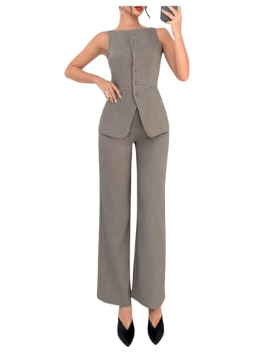 SOLY HUX Women's 2 Piece Business Casual Outfit Button Down Boat Neck Sleeveless Vest and Pants Set