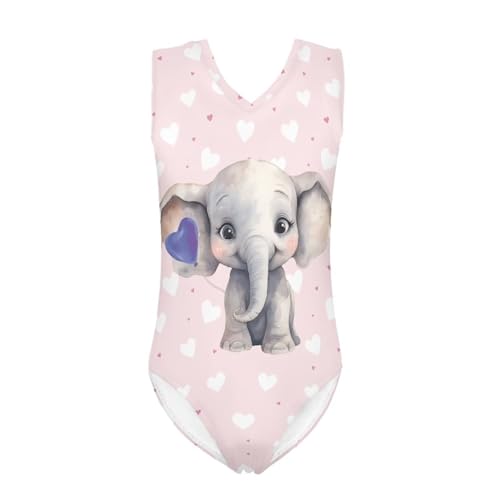 Babrukda Pink Heart Cute Elephant Pattern Girl One Piece Swimsuit Soft Comfy Bodysuit Cute Swimwear Youth Summer Beach Pool Bathing Suit Gymnastic Dance Leotard Practice Outfit 9-10 Years