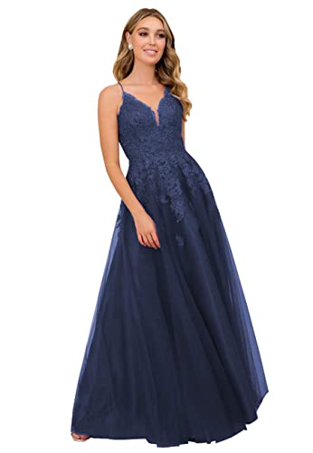 V-Ausschnitt A-Linie Abendkleider Spitze Applikationen Elegant Ballkleider Hochzeit Formale Hochzeitskleid(Navy Blau,36) Cover