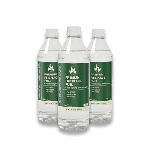 Triti Bioethanol Fireplace Fuel, Denatured Alcohol – Odorless & Smokeless – (3 x 1 Liter Bottles) | Tabletop Fire Pit Fuel, Tabletop Fireplace & Alcohol Stove Fuel | Indoor/Outdoor | 3-Pack