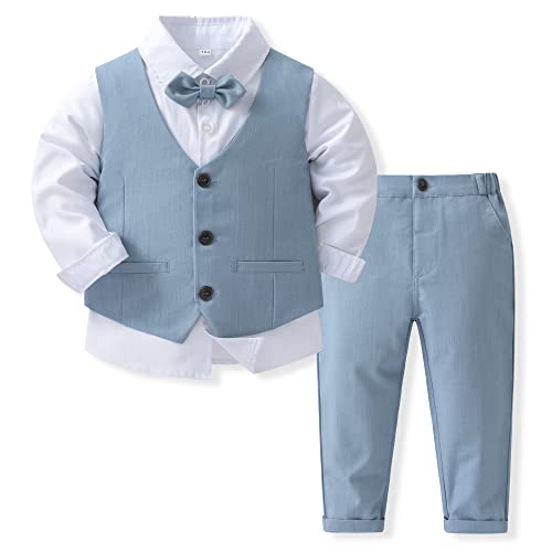 Image of Baby Boys Gentleman Formal Suit Set with Vest, Pant, Shirt, and Bow Tie, Weding 4Pcs Outfit