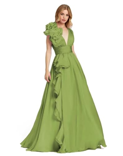 Ruffles Chiffon Prom Dresses Backless Deep V Neck Pleated Formal Evening Dresses for Women