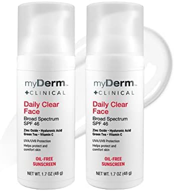myDerm CLINICAL Daily Clear Face SPF 46 Mineral Sunscreen - 1.7oz - Formulated with Zinc Oxide & Niacinamide, Fragrance Free Sunscreen for All Skin Types - Body and Facial Skin Care Products, Twin Pack