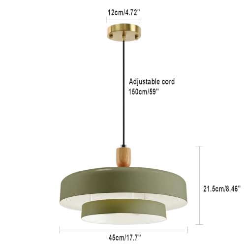 Image of Olive Green Pendant Light, Wood Accent Adjustable Hanging Lamp
