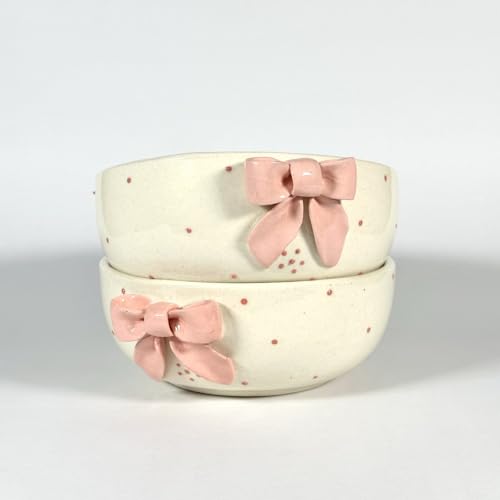 Image of SNS Handmade Ceramic Serving Bowl Set (Set of 2) | Microwave Safe Cute Ceramic Bowl Set | Aesthetic Snack, Salad, Cereal, Dessert & Soup Bowl | Premium Kitchen & Breakfast Bowl (Aira Pink Bow Bowl)
