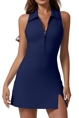 QINSEN Athletic Dress with Pockets Zip Front Polo Neck Tennis Dresses with Build in Shorts Navy Blue M