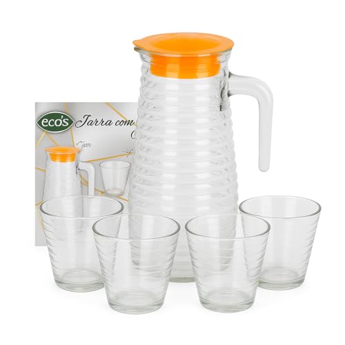 Jarra de Vidro 1 L com Alça e 4 copos – Garrafa de água com Design Texturizado com Tampa Prática: Faça sucos com Elegância, Durabilidade e Conveniência