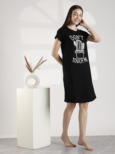Image of 9shines Label Hosiery Cotton Knee Length Short Night Dress | Short Nighty for Women with Pocket | Graphic Print Nightwear | Night Gown for Women (M-7XL)