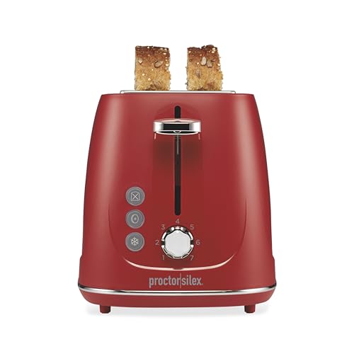 Proctor Silex Plastic 2 Slice Toaster, Bagel, Defrost & Cancel Buttons, Browning Control With 7 Shades, Auto Shutoff, Slide-Out Crumb Tray, Red (22661)
