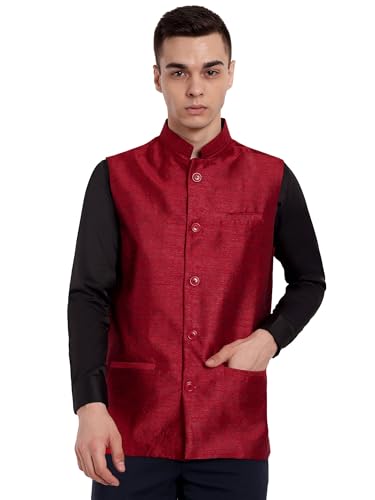 Image of SKAVIJ Mens Embellished Ethnic Wear Nehru Jacket Floral Printed Formal Waistcoat Regular Fit (Medium,Red)