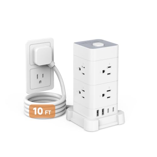 Power Strip Tower with 3M Long Cord, 8 Outlets 2 USB A 2 USB C, 3M Extension Cord Charging Tower with Surge Protection for Home Office Desk, White