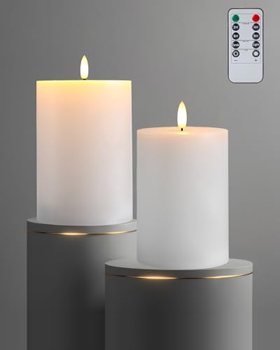 Image of Gmnee 4 inchx8 inch Flickering Flameless Candles with Remote Timer, Real Wax, White | 2 Pack 4 inch Diameter Extra-Large Pillar Candles, LED Candles, Battery Operated Candles for Table and Fireplace Decor (H 8 inch)