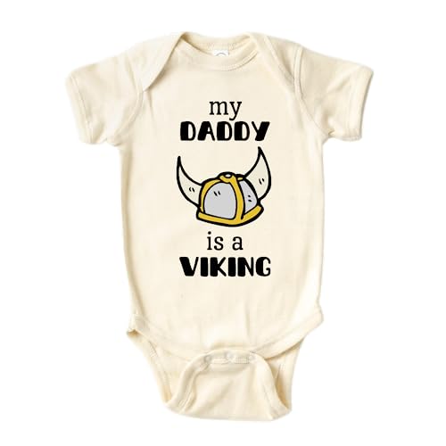 Image of MangoHouse Funny Baby Bodysuit My Daddy Is A Viking Shirt Premium Cotton Custom Baby Clothes Unisex Baby Announcement Onesie for Boys and Girls (Short Sleeve Natural, 0-3m)