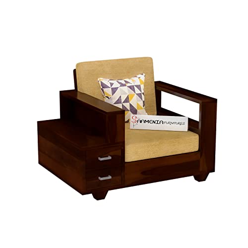 Image of Sheesham Wood Single Seater Sofa | 1 Seater Sofa with 2 Drawer Storage | Wooden Sofa Set Furniture for Living Room Home Office (Walnut)