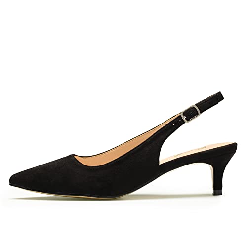GENSHUO Damen Slingback Pumps,Spitz Zehen Kitten Heels 5 cm Adjustable-Strap Stilettos Heels Sandalen Wildleder/Lackleder Schwarz Größe 37.5