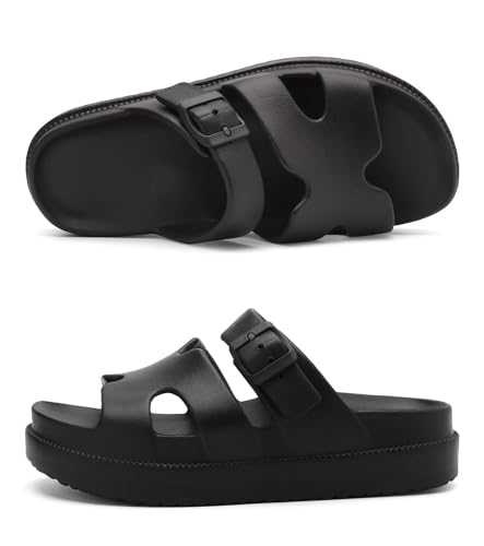 Womens Platform Sandals with Arch Support, Summer Beach Slides Adjustable Buckle, Women Comfort Lightweight Chunky Cushion Slip on H-Strap Sandal2