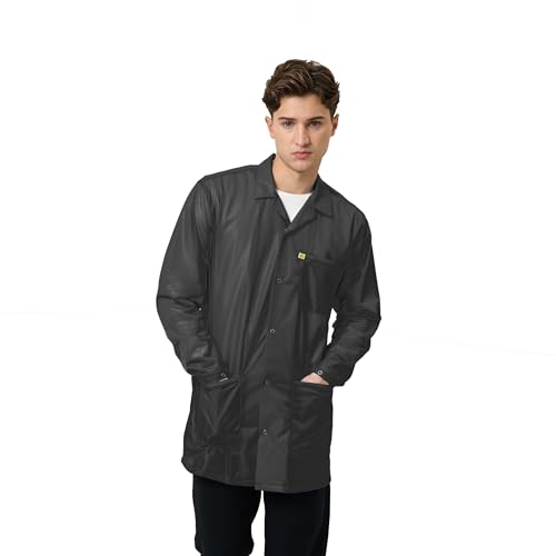 ESD Jacket, Lapel Collar, Snap Cuff, 90% Polyester, 10% Carbon, Level 3 ESD Smock, Black, L