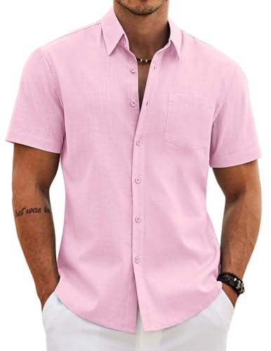 Image of COOFANDY Men's Button Down Short Sleeve Shirt Casual Cotton Summer Beach Wedding Linen Shirts with Pocket