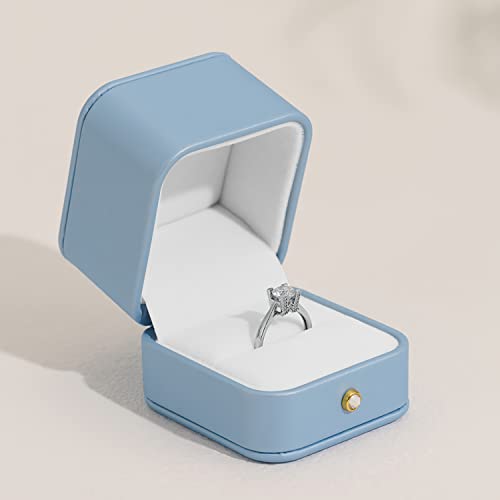 Sky Blue Leather Ring Gift Box for Proposal with Velvet Interior and Metal Hinges For Proposal Engagement Birthday Gifts