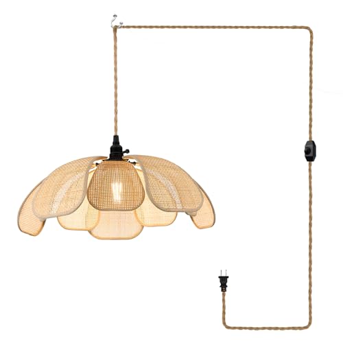 Image of 20 Inch Boho Flower Plug in Chandeliers for Dining Room | Farmhouse Rattan Pendant Lights Girl Chandelier Hand Woven Bedroom Light Fixture Dimmable Hanging Lamp For Kitchen Island