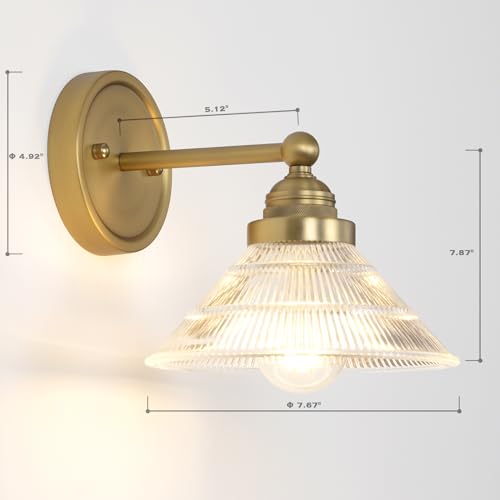 Image of Vintage 1-Light Wall Sconce with Clear Ribbed Glass Shade, Industrial Hardwired Wall Light Fixture for Bedside Living Room Vanity Bathroom Hallway