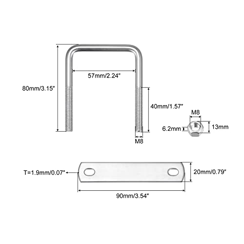 Image of uxcell Square U-Bolts, 2 Sets 57mm(2.24 inch) Inner Width 80mm Length M8 304 Stainless Steel U Clamp Bolt with Nuts and Plates, for Boat Trailer