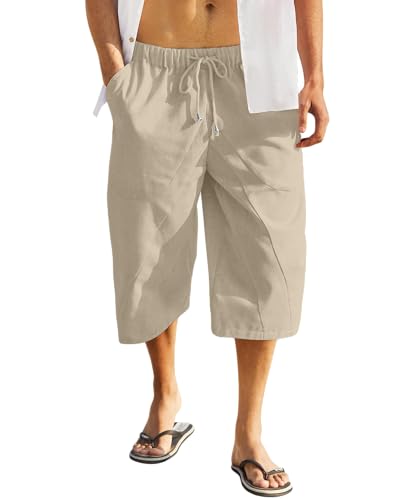 LVCBL 3/4 Hose Herren Leinen Sommer Strandhose mit Tunnelzug Kahki L