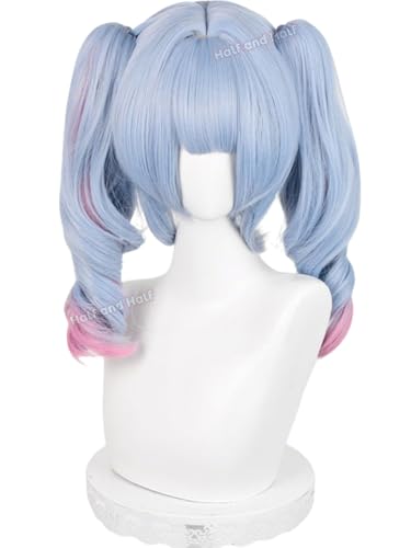 Image of Haze Blue and Pink Anime Ponytail Wig with Bangs Light Blue Curly Twin Tail Lolita Rabbit Singer Costume Wigs for Women Halloween Party Daily