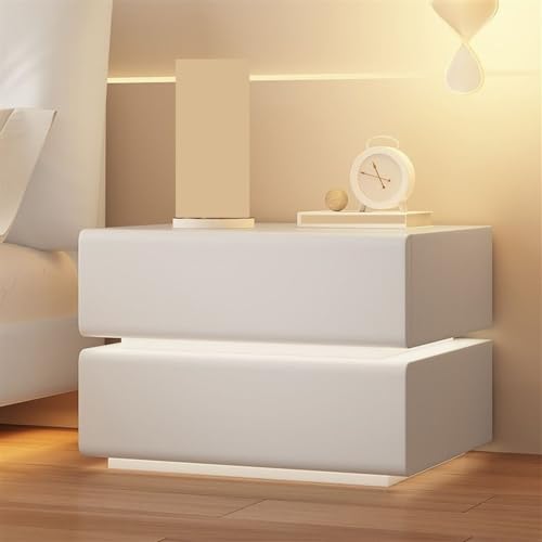 Genérico Elegante mesita de Noche LED de Madera Maciza con Sensor de luz y Mueble de Almacenamiento Forrado en Cuero (Blanco Leche con LED, 50 x 40 x 50 cm)