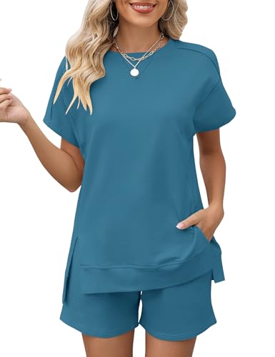 Image of LOMON Womens Fashion 2 Piece Outfits Sweatsuits 2026 Summer Short Sleeve Loungewear Tracksuit Round Neck Lounge Shorts Sets