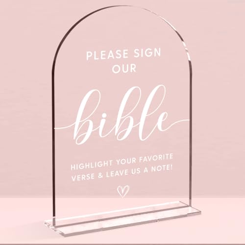 Decoração de casamento, placa de livro de visitas da Bíblia, placa acrílica de arco de 12 x 18 cm, placa de casamento para cerimônia e recepção, sinalização decorativa de casamento para decoração de