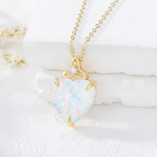 14K Yellow Gold Opal Pendant Necklace with Genuine Diamond Celtic Knot Necklace with 3 Carat Heart Shaped Opal Jewelry Gift for Her3