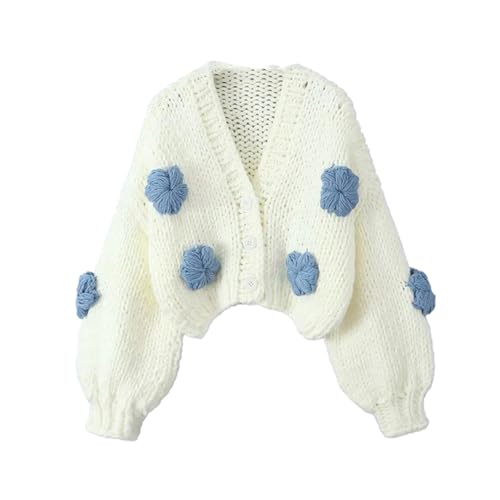 Women Hand Made Crochet 3D Flower Ball Cardigan Retro V Neck Long Sleeve Knit Sweater