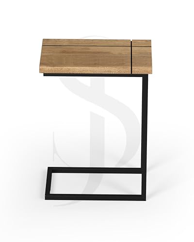Image of Modern C-Side End Table for Living Room - Mango Wood with Black Metal Frame, Contemporary Sofa Side Table for Bedroom & Office (18L x 11D x 24H Inches) (Natural)
