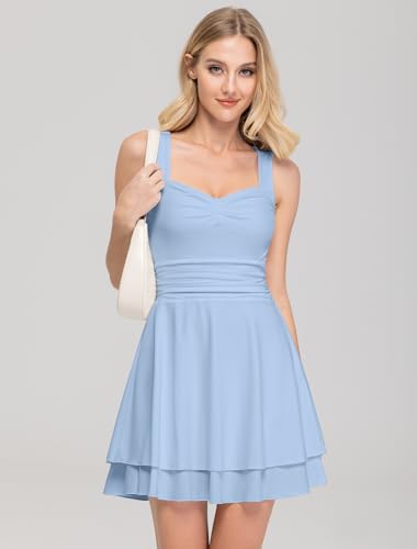 Image of IWD Women's Square Neck Sleeveless Mini Dress Ruched Waist Tiered Ruffle Hem A Line Short Dresses