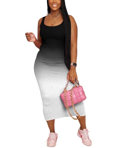 Image of Women Casual Summer Tank Top Dress Ribbed Bodycon Midi Sleeveless Sundress Sundress Basic Slim Fitted Pencil Dresses