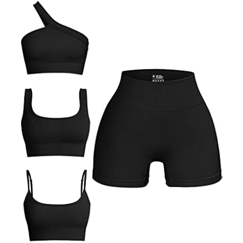OQQ Women's 4 Piece Outfits Ribbed Seamless Exercise Scoop Neck Sports Bra One Shoulder Tops High Waist Shorts Active Set, Black, Small Cover