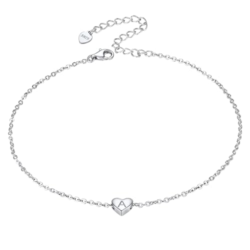 Silvora Sterling Silver Anklets for Women 925 Initials Ankle Bracelet with Letter A-Z Heart Anklet for Mom Summer Jewellery（Gift Box Send）