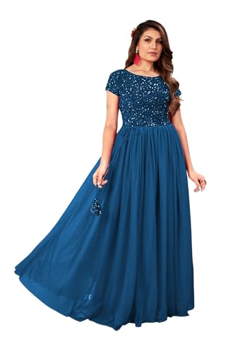 Rebika Trendz Elegant Women's Gown with Sequins Work | Velvet Bodice & Net Flare | Short Sleeve, Boat Neck | Perfect for Parties & Special Occasions