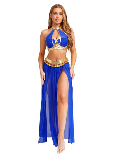 Miaeowve Bauchtänzerin Kostüm Damen Belly Dance Outfit Neckholder Tanz Top Chiffon Schlitz Rock Inderin Verkleidung Faschingskostüm Blau S