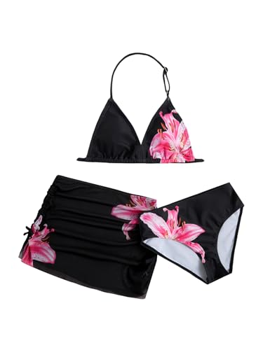 Image of RoseSeek Girl's 3 Piece Cute Bowknot Bathing Suit Halter Triangle High Waisted Swimsuit with Beach Cover Up Skirt