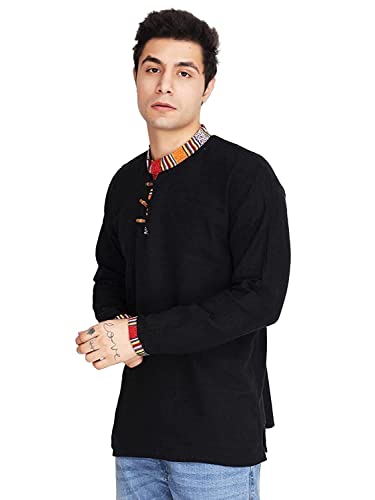 Ukal Inadian Mens Summer Fashion Cotton Khadi Ethnic Shirt-Short Kurta (as1, alpha, m, plus, regular, Black)2