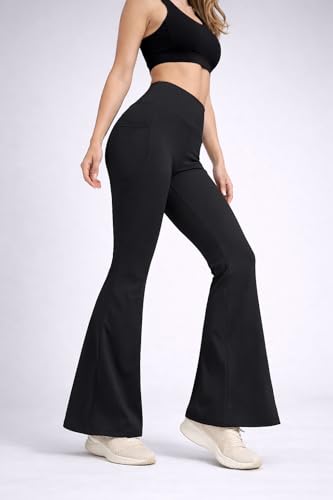 Image of Women's High Waist Bootcut Yoga Pants with Side Pockets | Flared Gym Leggings for Women | Stretchable Workout Bell Bottom Tights for Yoga, Gym, Running & Casual Wear Pack of 2