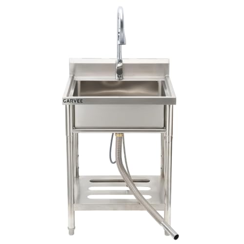 Image of Garvee 24 inch Stainless Steel Sink Freestanding Utility Sink with Large Single Basin, Pull-Out Hot & Cold Brass Faucet, Storage Shelf, Drain Kit - Heavy Duty Restaurant Laundry basin for Garage, Kitchen