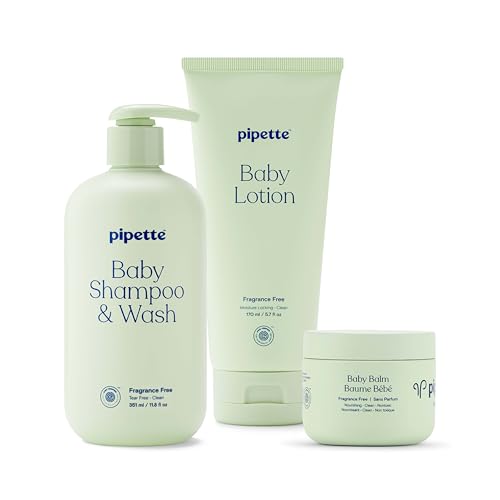 Image of Pipette Fragrance Free Baby Essentials Set, Pack of 3, Includes Balm and Fragrance-free Lotion and Shampoo + Wash, Gentle Tear-Free Newborn Baby Bath Essentials, Non-Toxic, Hypoallergenic